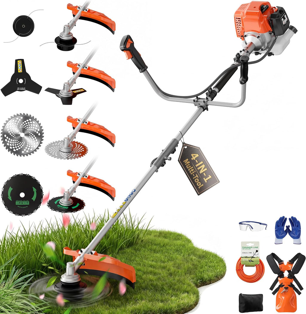 52cc Gas Weed Eater, 4-in-1 Brush Cutter, Orange Silver | Aluminum Alloy Straight Shaft, 7,500 RPM, 18 in Cutting