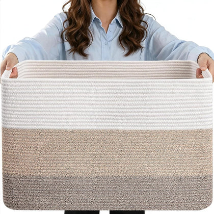 75L Large Woven Storage Basket, Cotton Rope Laundry Hamper with Handles, 22”x17”x12” Rectangle Blanket Basket for