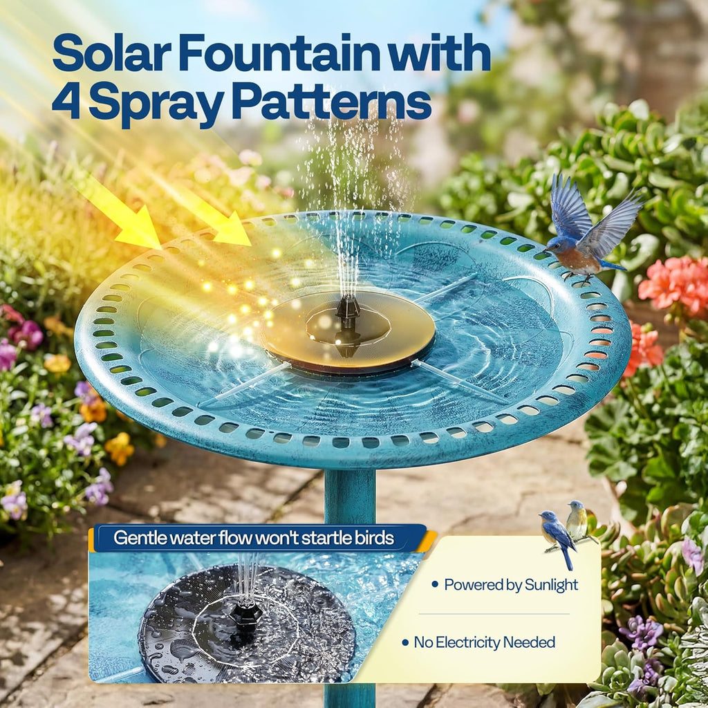Bird Bath with Solar Fountain for Outside, Pedestal, Blue