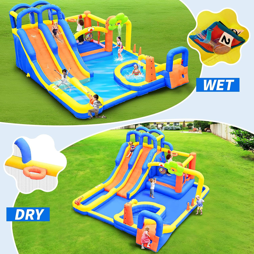 14 in 1 Inflatable Water Park with 3 Slides Bounce House, Dartboard, Ring Toss Game, 650W Blower, Backyard Waterslide
