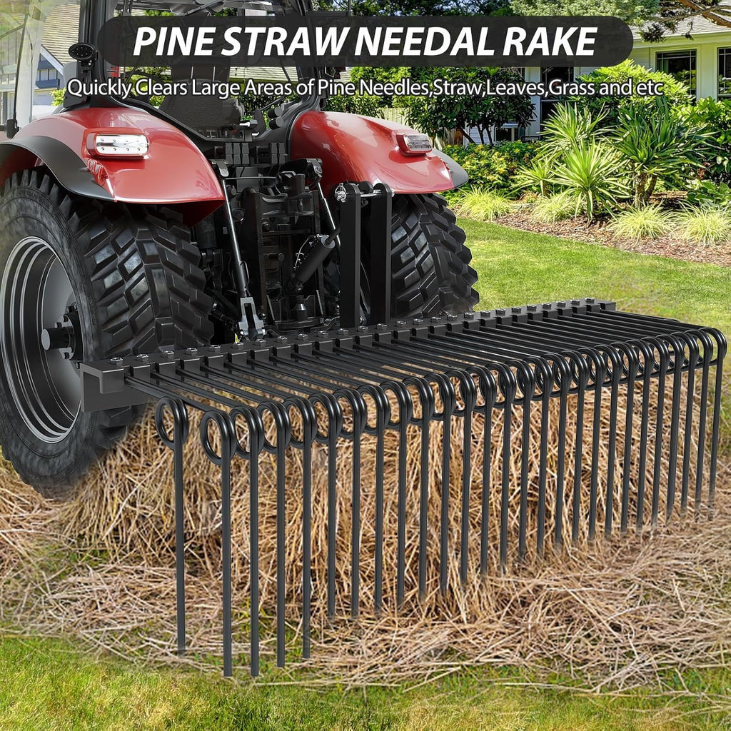 60" Durable Powder Coated Steel Pine Straw Rake, Steel Spring Landscape Rake for Leaves, Pine Needles, Straw, and