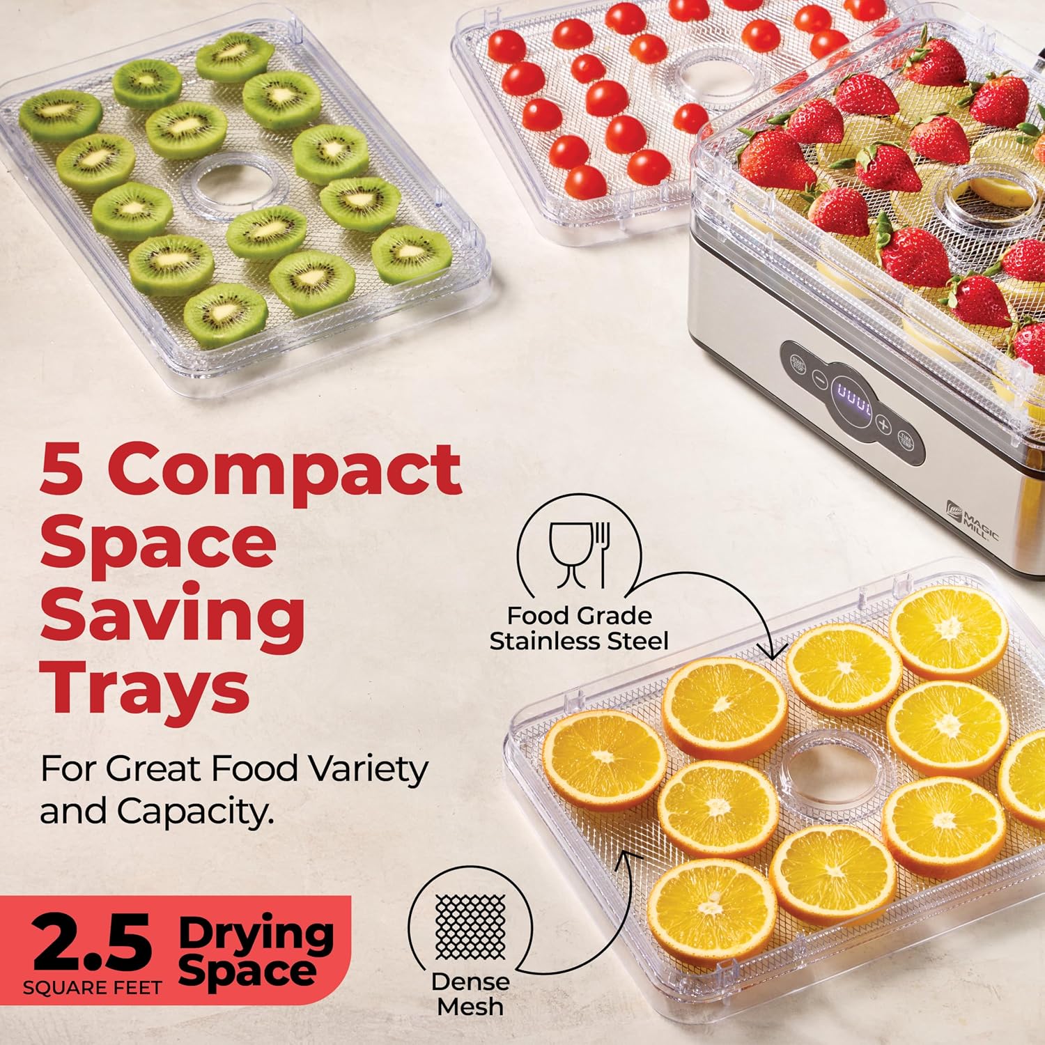 Food Dehydrator Machine | 5 Stackable Stainless Steel Trays, 48H Digital Adjustable Timer & Temperature Control Upto
