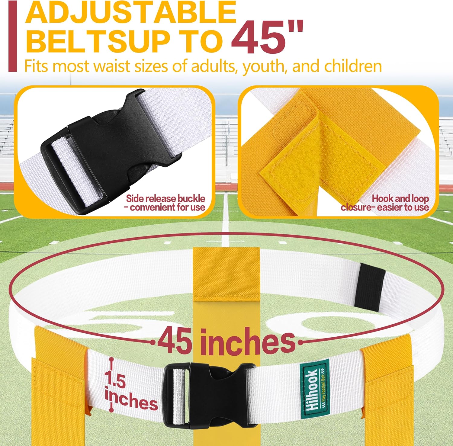White Flag Football Belts with 42 Flags For Kids, Youth & Adult | One Size Fits All, Quick-Release Buckle, Elastic