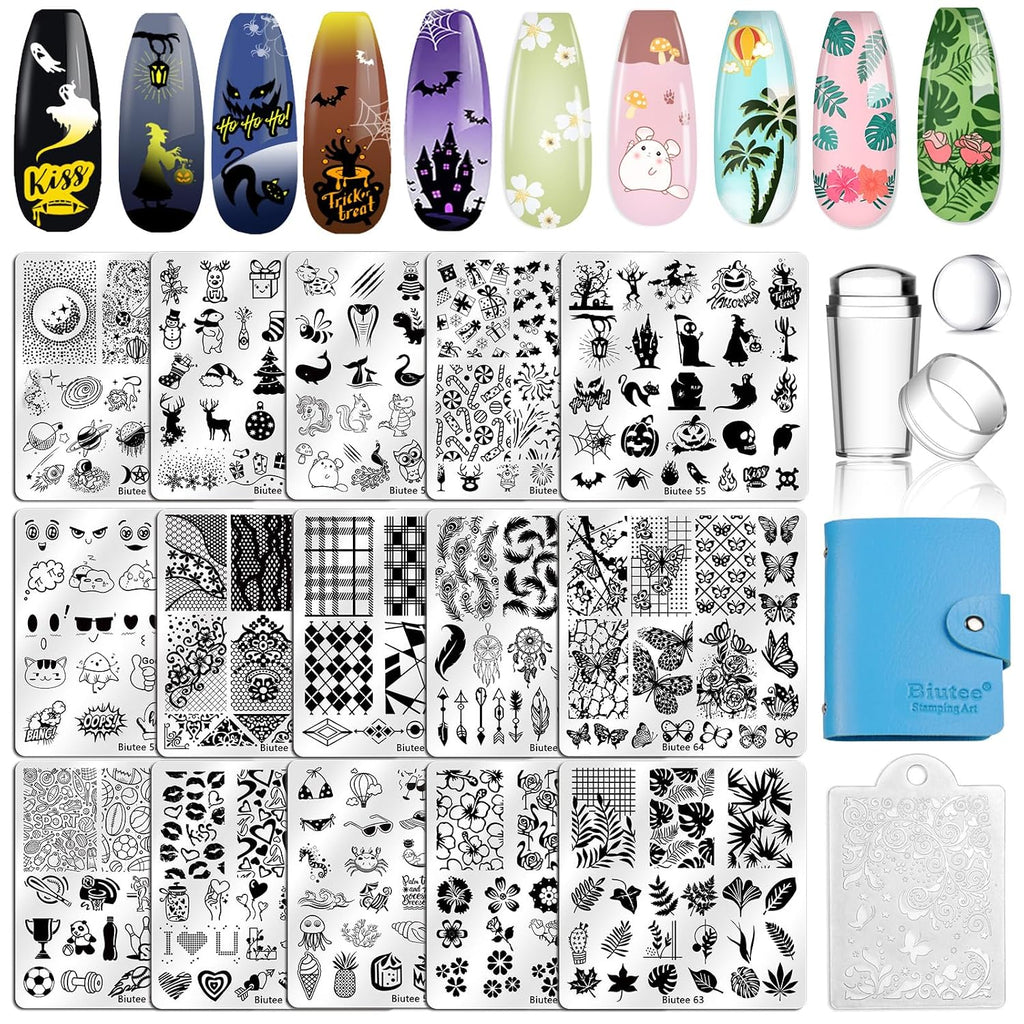 Nail Stamping Plates Set 15PCS Nail Stamping Kit with Nail Stamper