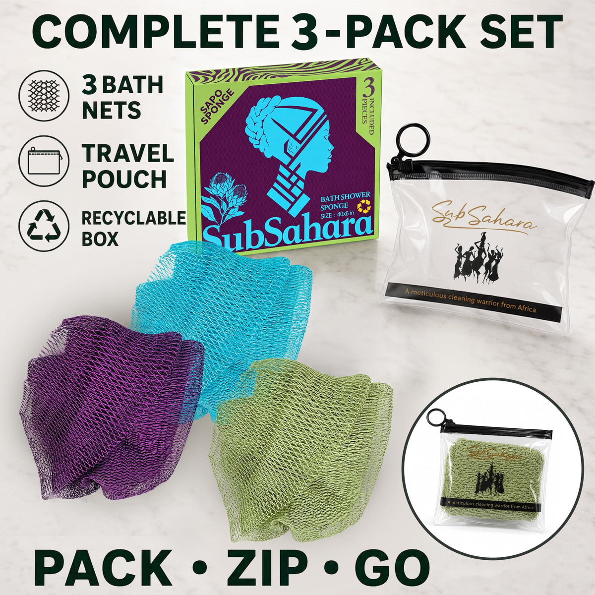 African Net Sponge, Exfoliating Body Scrubber for Back, 3 Pack