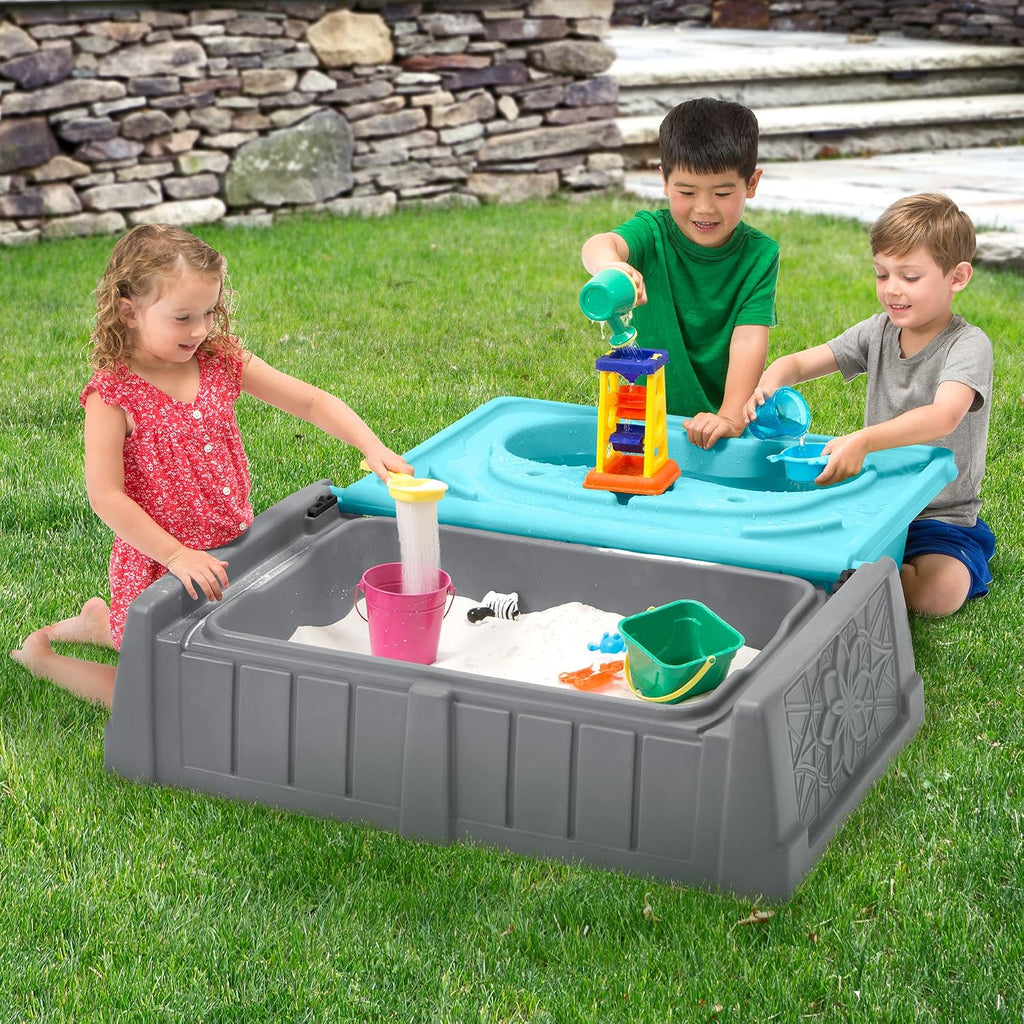 Sand and Water Kids Bench, 2-in-1 Sand and Water Table with Outdoor Storage Bench, Gray and Teal