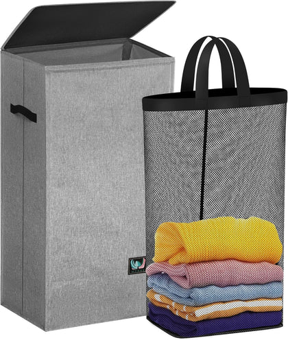 Laundry Hamper with Lid, Reinforced Sturdy Clothes Hamper with Anti-Puncture Base, Large Collapsible Laundry Basket