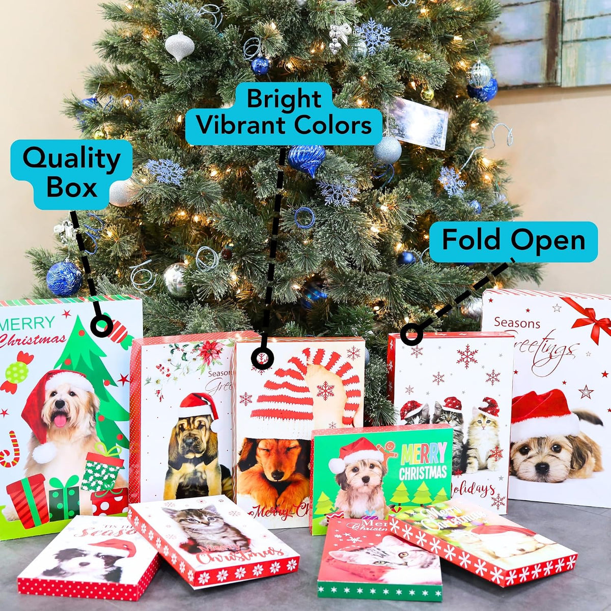 10-Pack Printed Christmas Gift Boxes, 3-Sizes, Santa Paws Animals Pets Cats Dogs Design