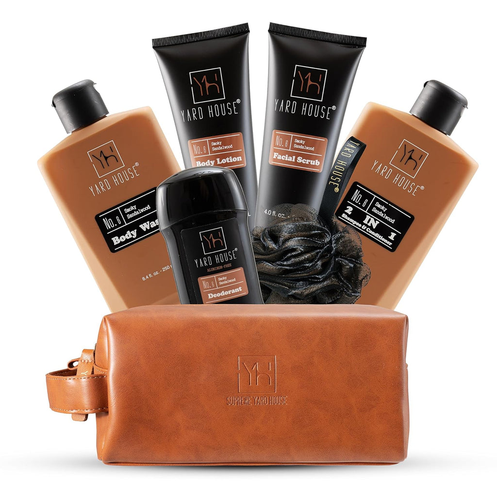 Luxury Mens Bath and Body Gift Set Basket For Him - Smoky Sandalwood - All Natural Skin Care Kit For Men w. Full Size