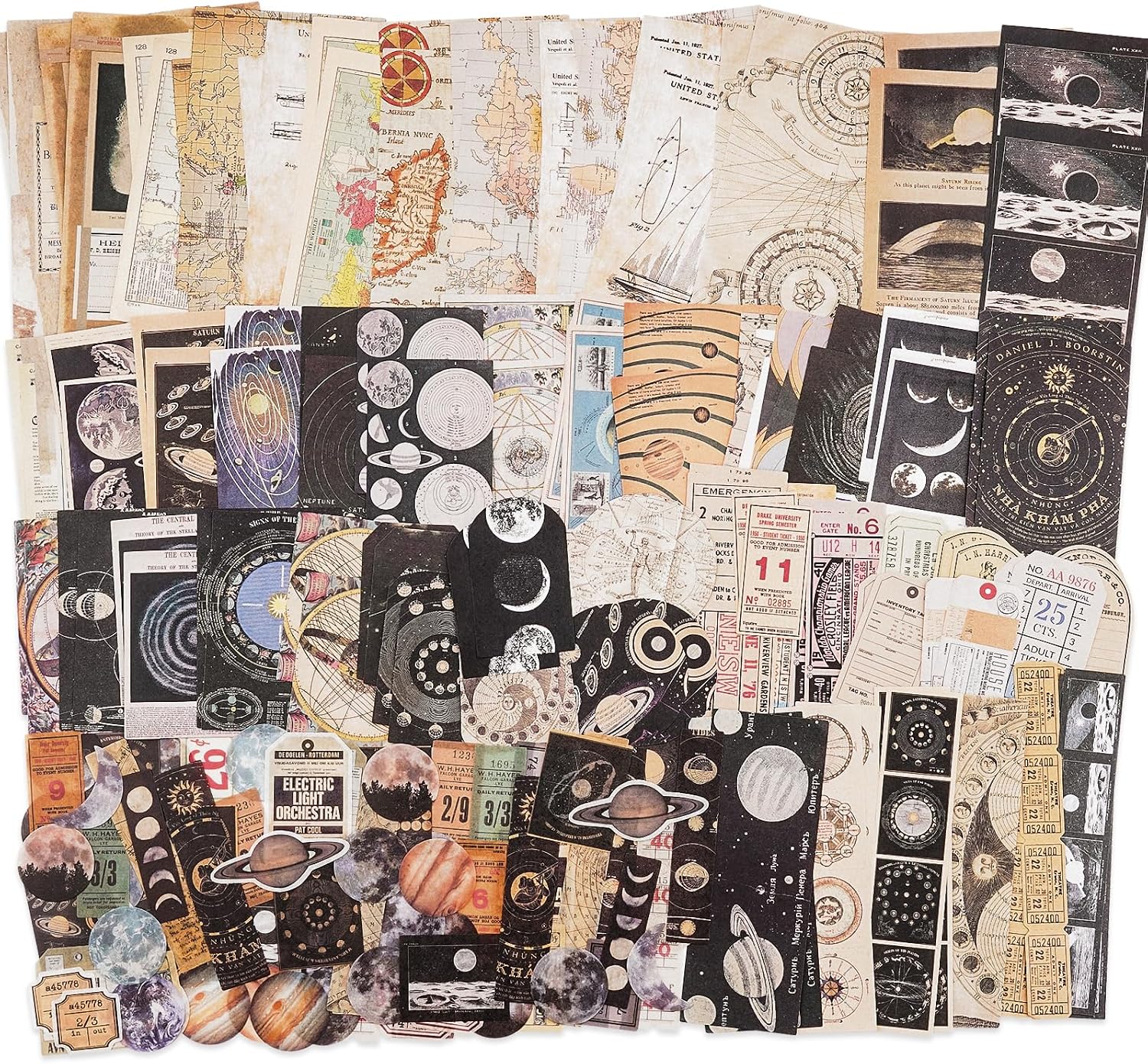 Vintage Scrapbook Supplies Pack (200 Pieces) for Witchy Junk Journal Bullet Journals Planners Space Moon Paper
