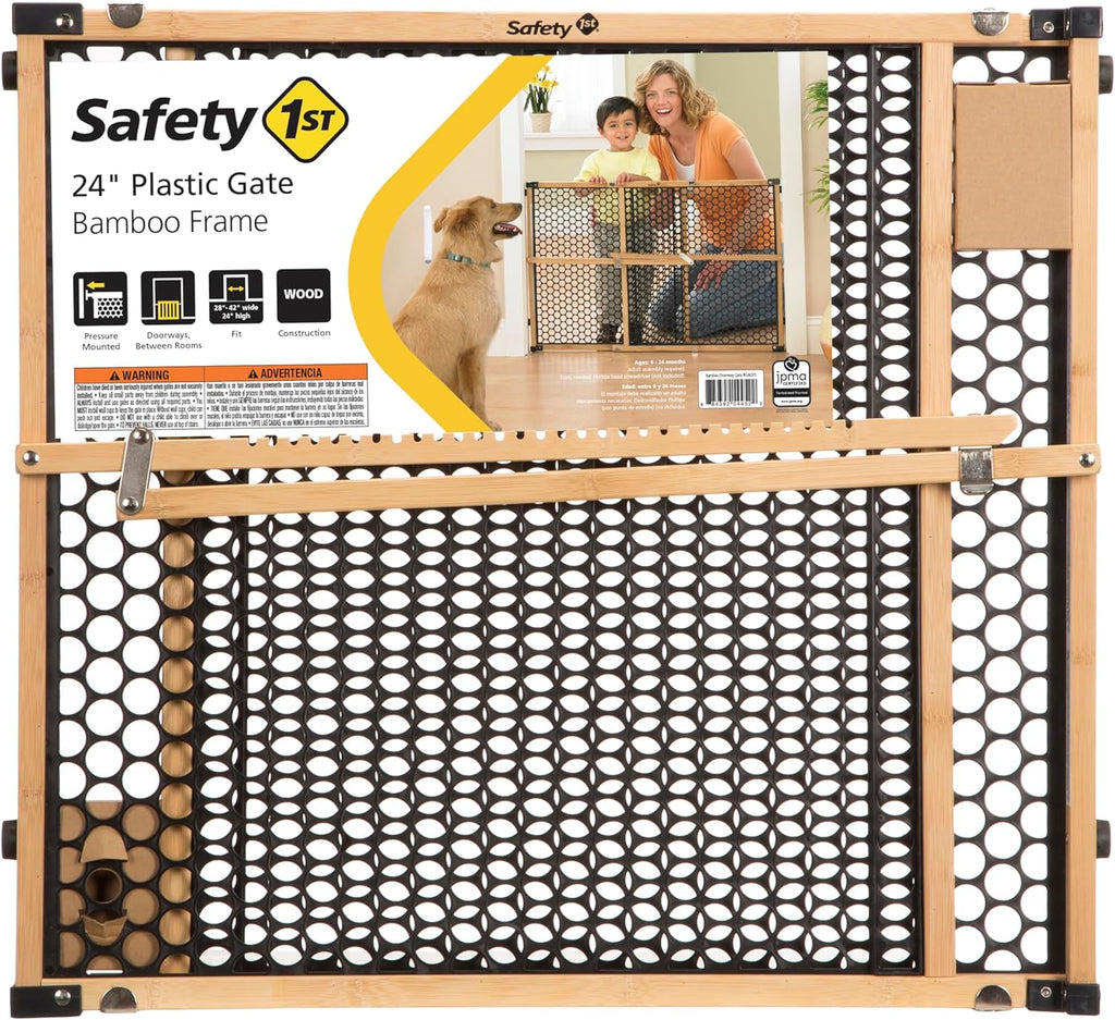 Bamboo Baby Gate for Doorways, No Drill Easy Install, Dog Gates, Fits 28"-42", 24" High, Bamboo and Black