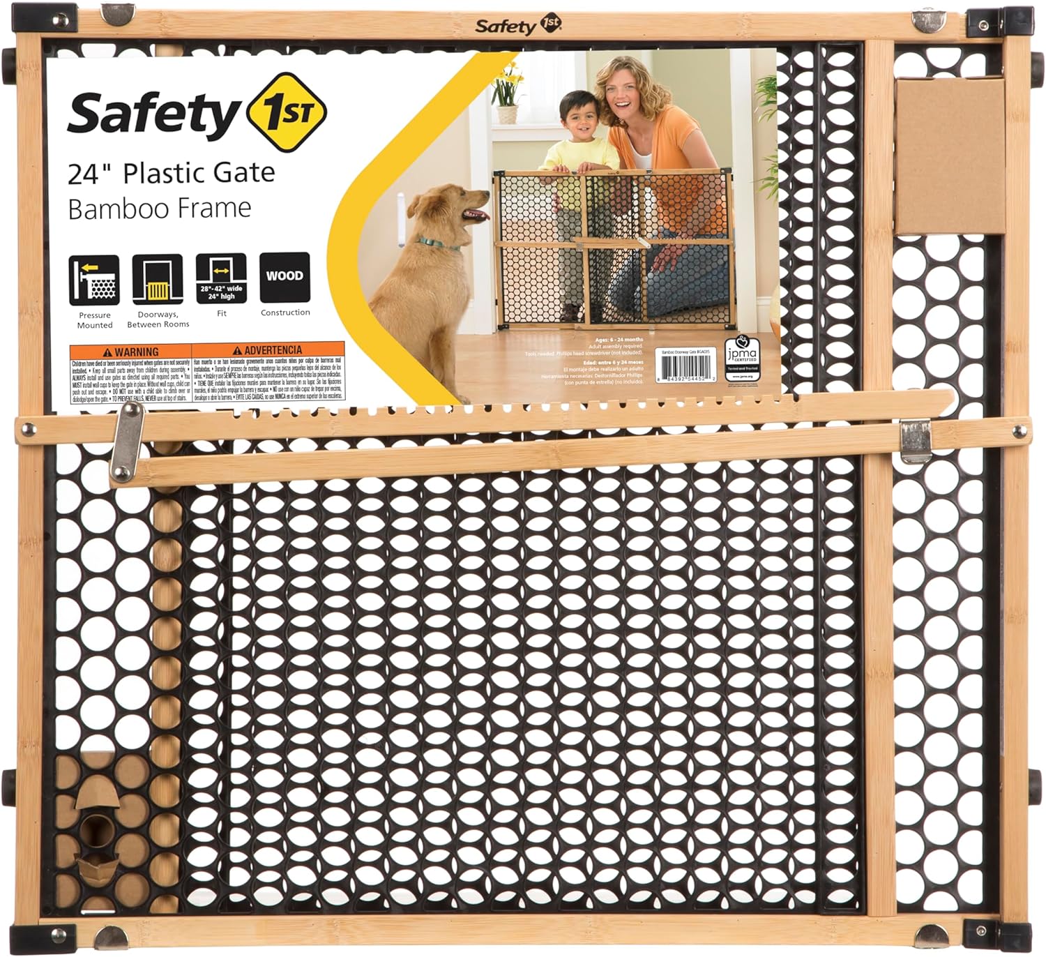 Bamboo Baby Gate for Doorways, No Drill Easy Install, Dog Gates, Fits 28"-42", 24" High, Bamboo and Black