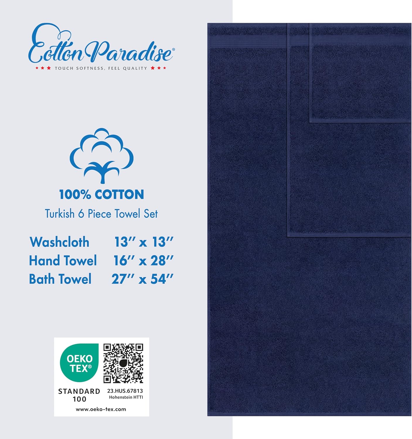 100% Cotton Turkish Towel Set, Soft Absorbent Quick Dry, 6 Piece Towel Set, Navy Blue