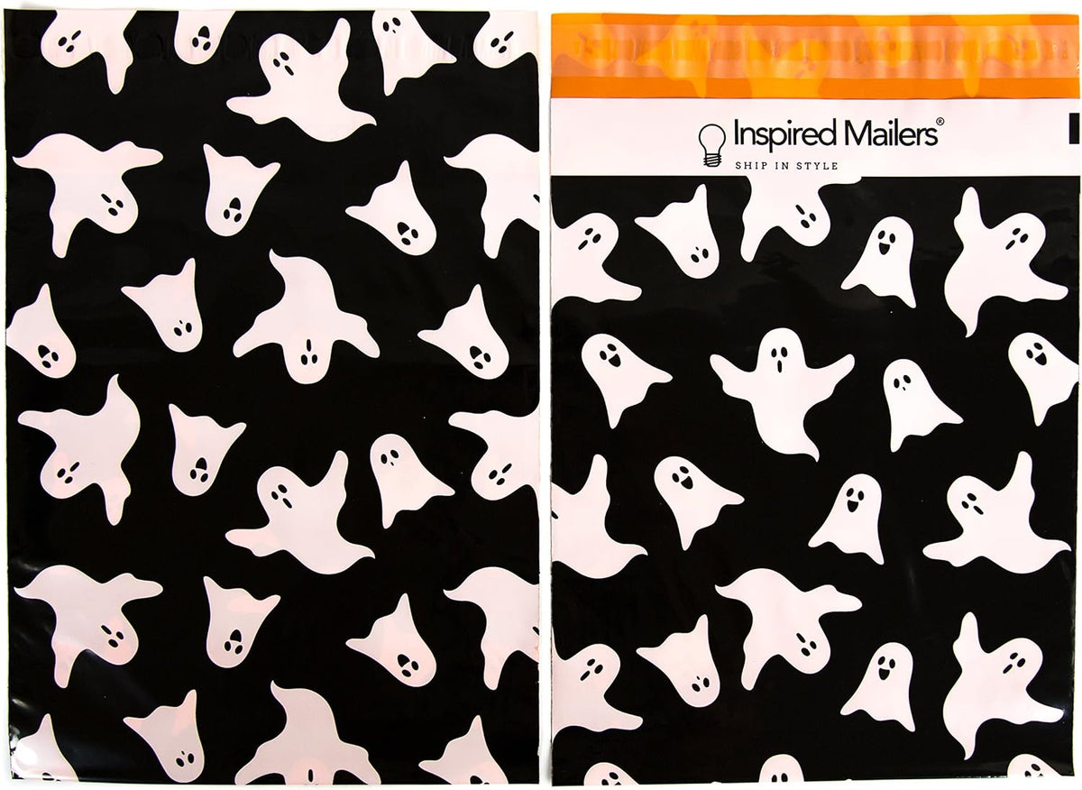 100 Pack- Halloween Poly Mailers 10x13 - Ghosts (Black)