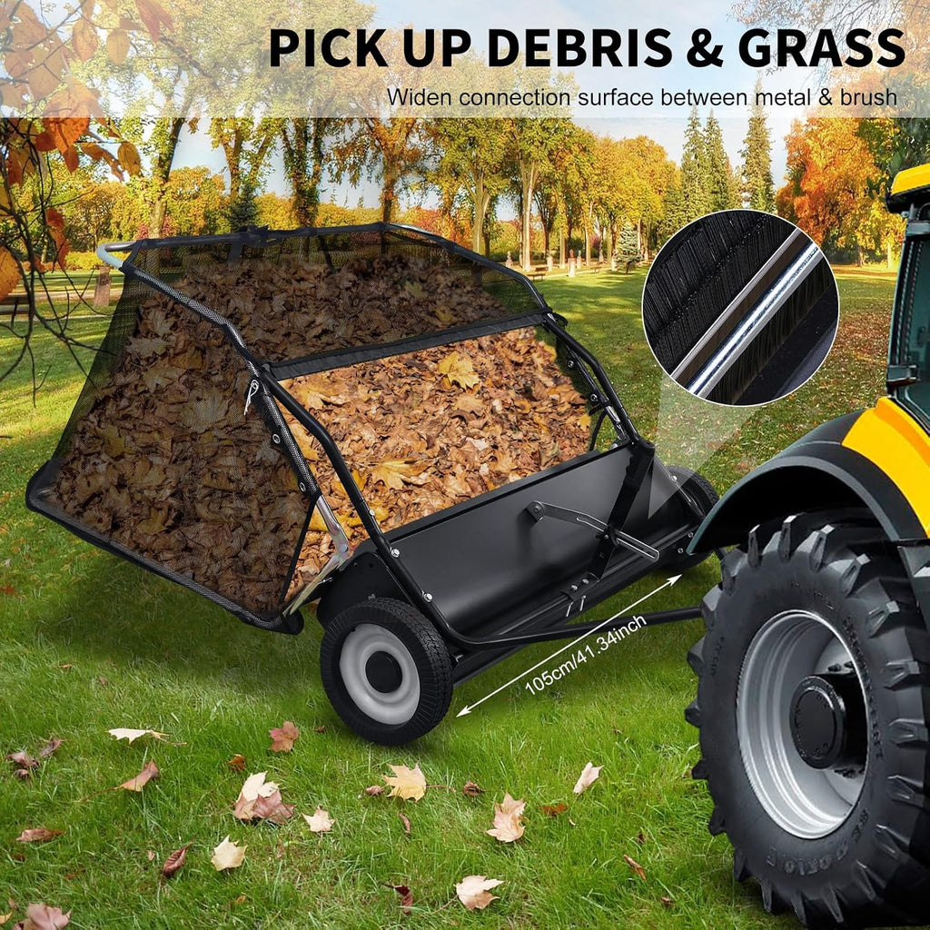 Tow Behind Lawn Sweeper,44 in Pull Behind Lawn Sweeper,25 cu.ft Large Capacity Leaf & Grass Collector,Heavy Duty