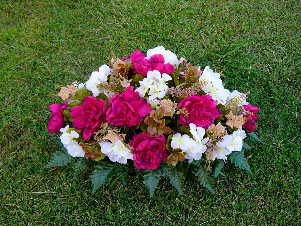 Artificial Cemetery Flowers - Grave Decoration - Fall Arrangement - 30" Long Plum Peony and White Hydrangea Saddle