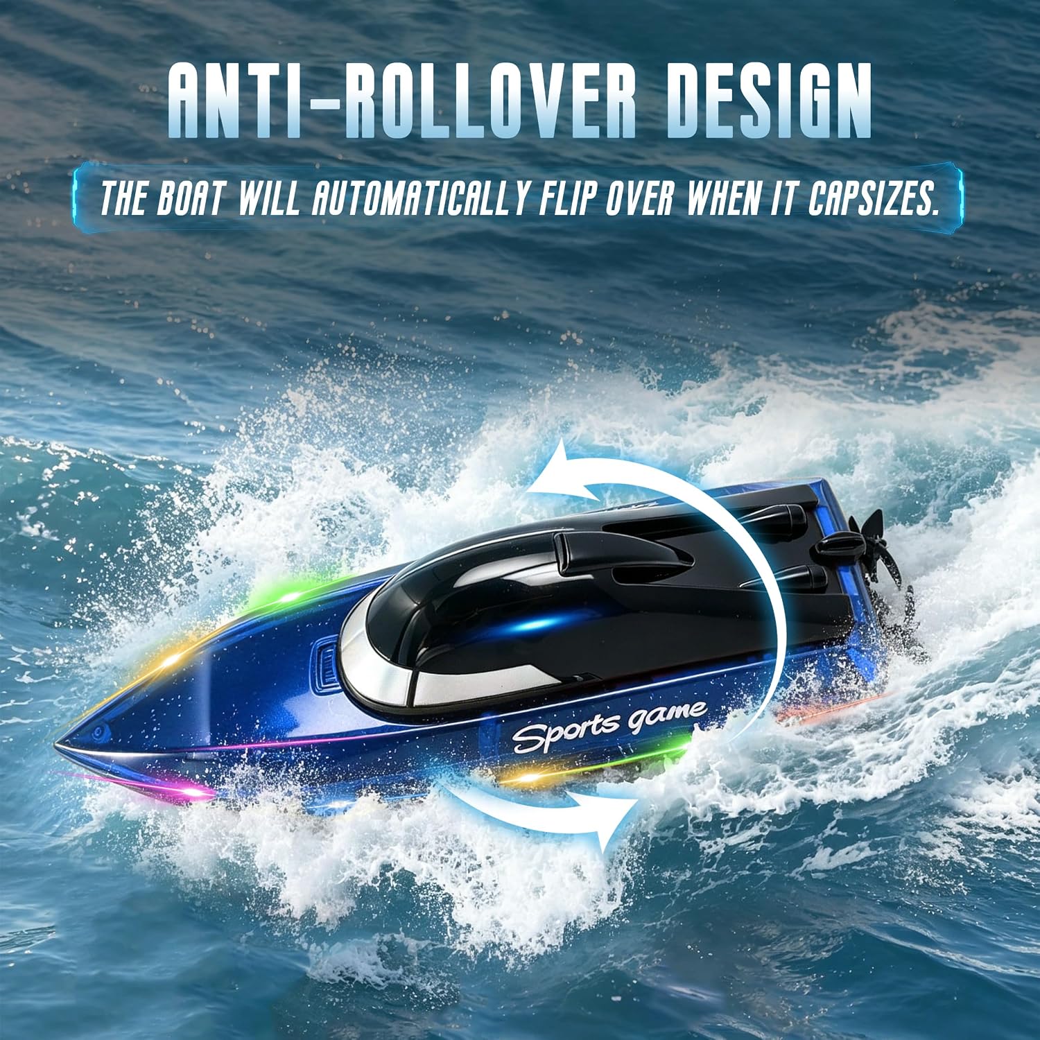 Remote Control Boat with 1800mAh Battery, Clear RC Boat with 10 LED Lights | 100 Min+ Auto Reverse 2.4 GHz Double