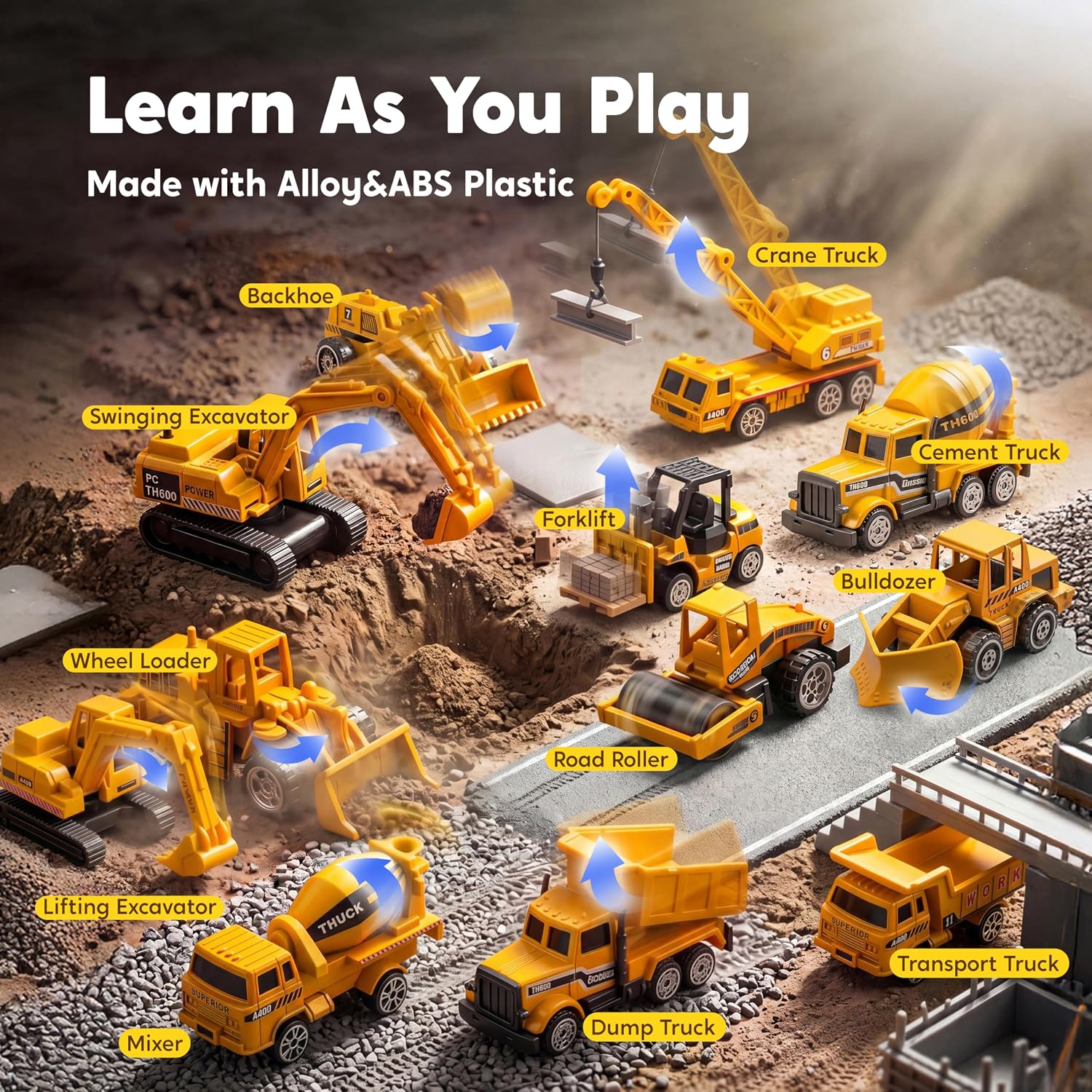 25-in-1 Construction Truck Toy Set with 12 Vehicles & 12 Worker Figures, Push and Go Toy Trucks with Sound and Light
