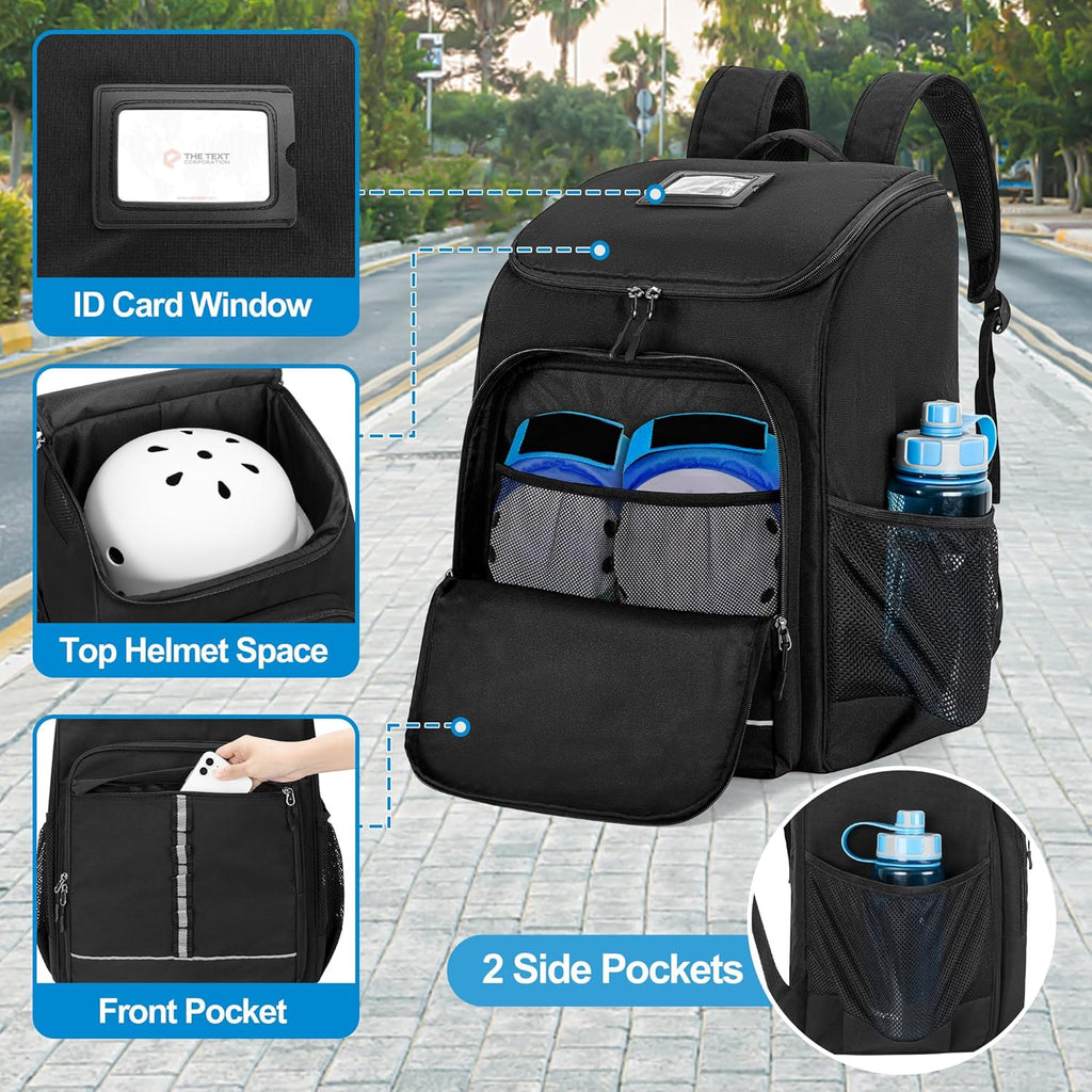 Roller Skate Bag Fits Shoes Up to US Mens 13, Inline Skate Backpack | Ice Skate Backpack with Top Helmet Pocket, Quad