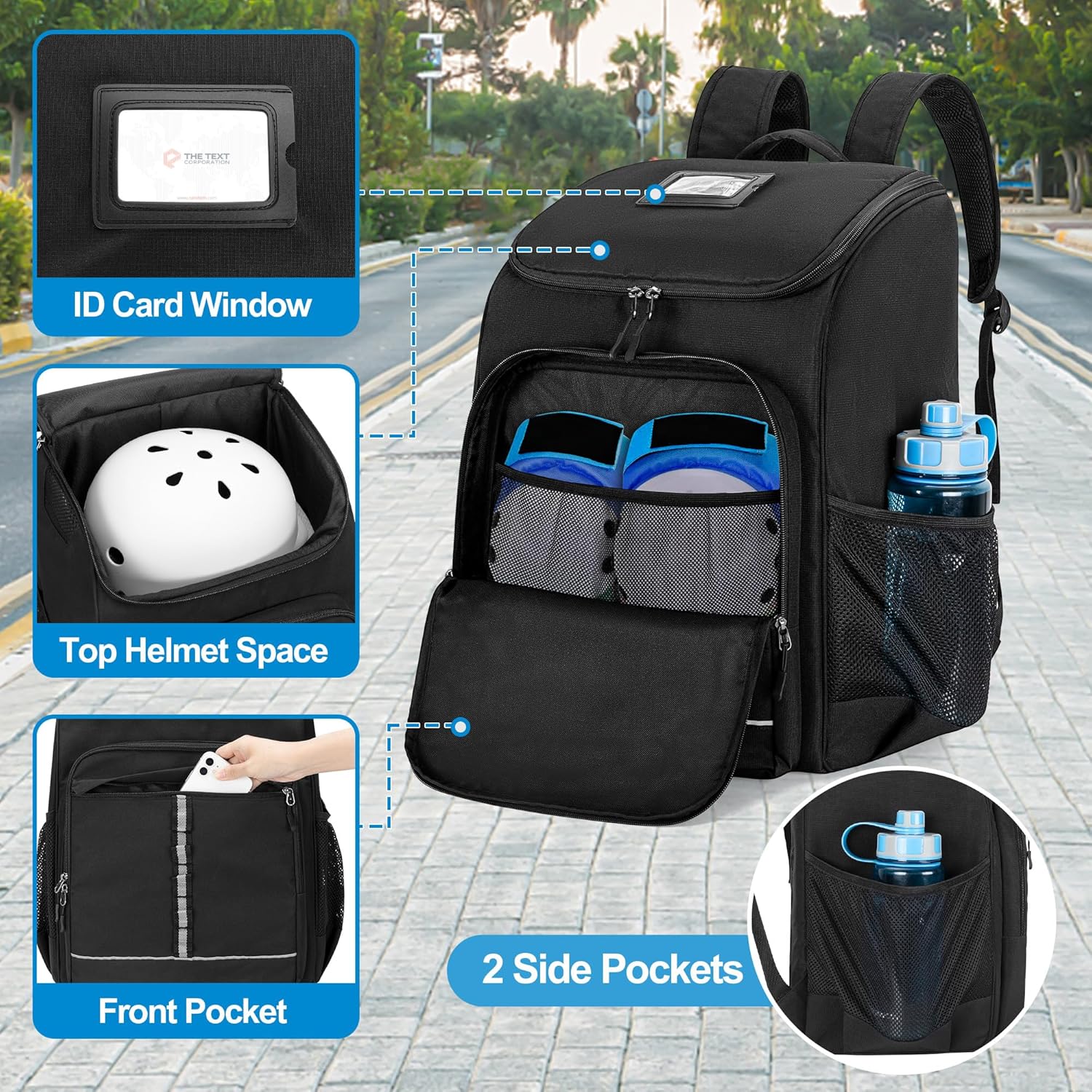 Roller Skate Bag Fits Shoes Up to US Mens 13, Inline Skate Backpack | Ice Skate Backpack with Top Helmet Pocket, Quad