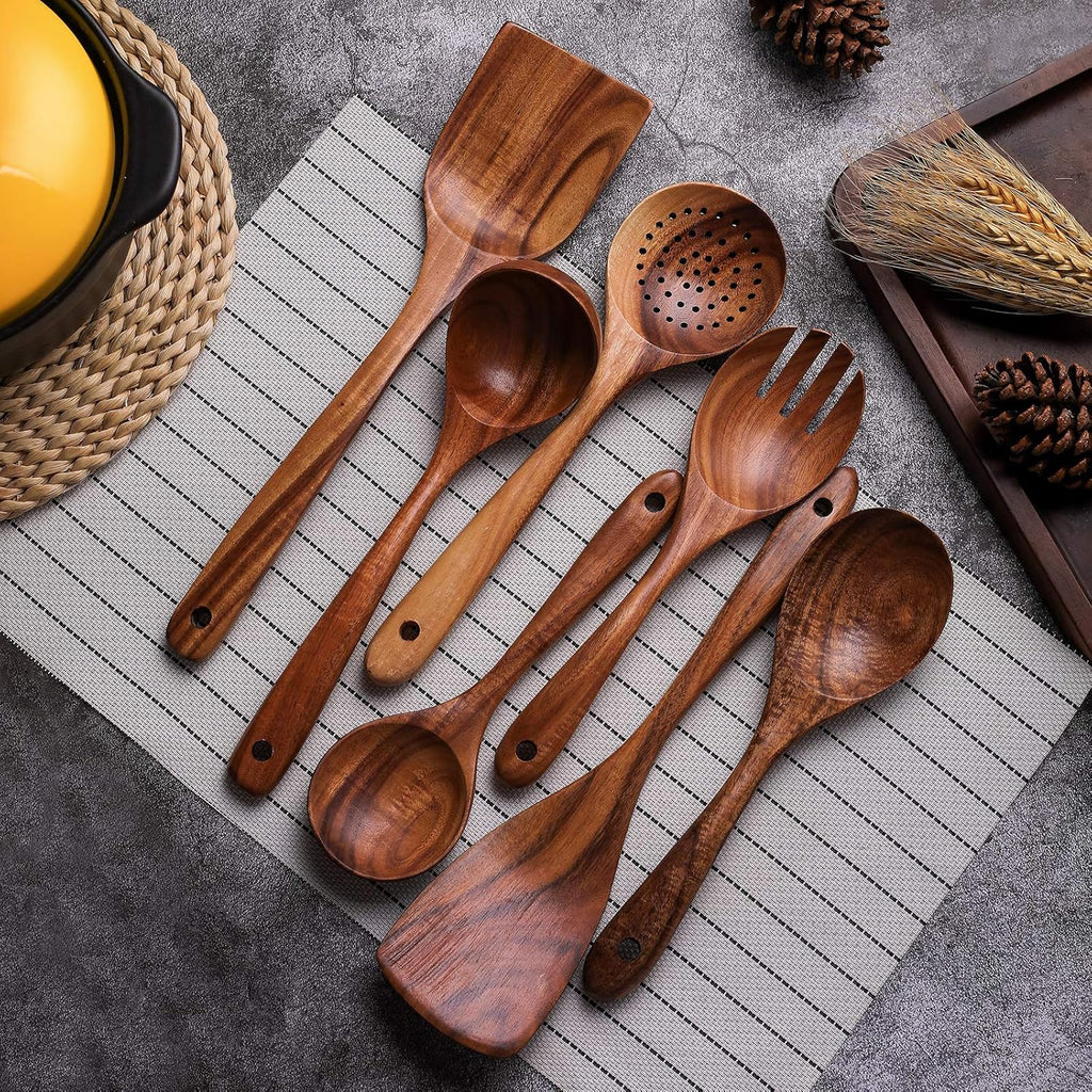 Wooden Non-Stick Kitchen Pan Toolset 7 Pieces Set, Natural Kitchen Utensils Spatula, Wooden Cooking Utensils Spoons