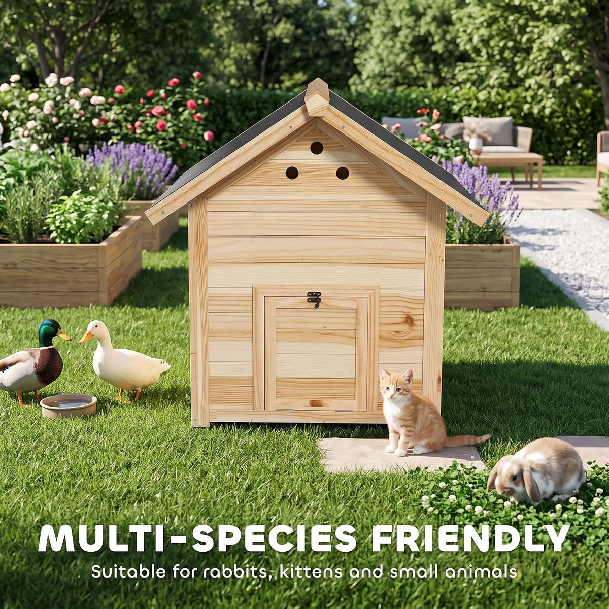 Duck Coop, Wooden Duck House, Outdoor Small Animal House with Openable Roof, Double Doors, Removable Base for 1-3