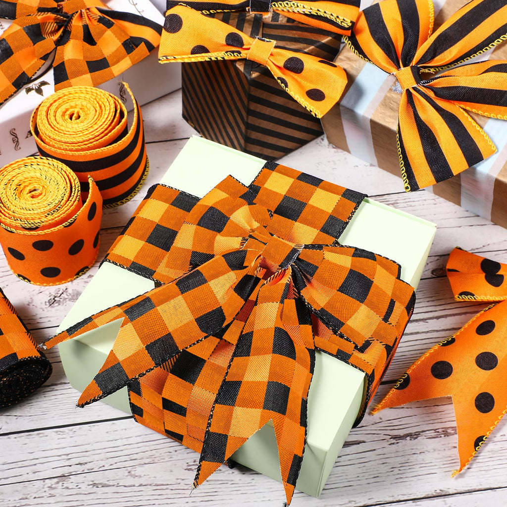3 Rolls 2.5 Inch x 15 Yards Fall Halloween Orange and Black Wired Ribbon