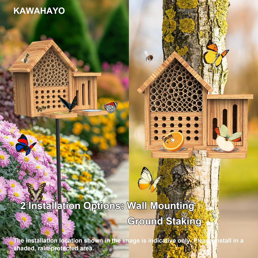 Mason Bee House Wooden Butterfly House with Feeders and Metal Stake, Insect Hotel for Garden Backyard, Natural