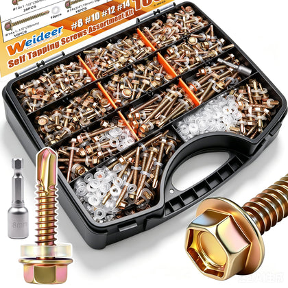 1000pcs #8#10#12#14 Self Tapping Screws for Metal, Grade 8.8 Alloy Steel Metal Screws Assortment Kit, Hex Washer Head