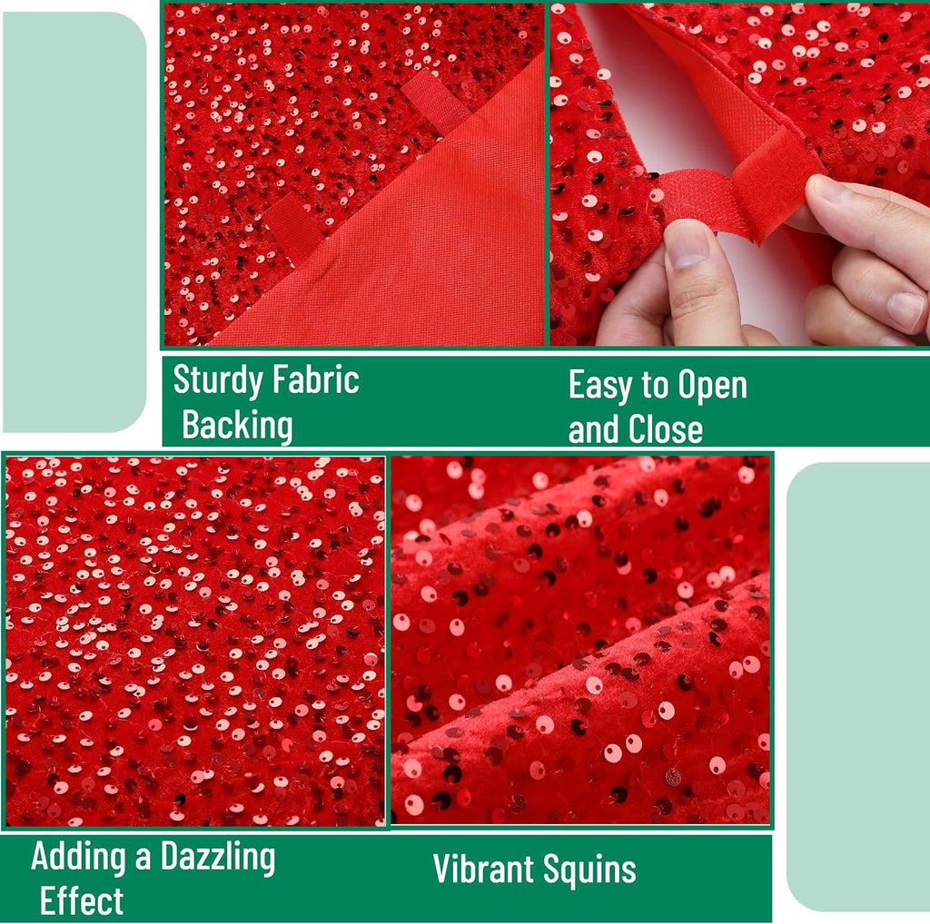 Red Sequin Christmas Tree Skirt and Tree Collar | 36 Inch Sparkly Base Cover, 24.8 Inch Foldable Sparkling Sequin