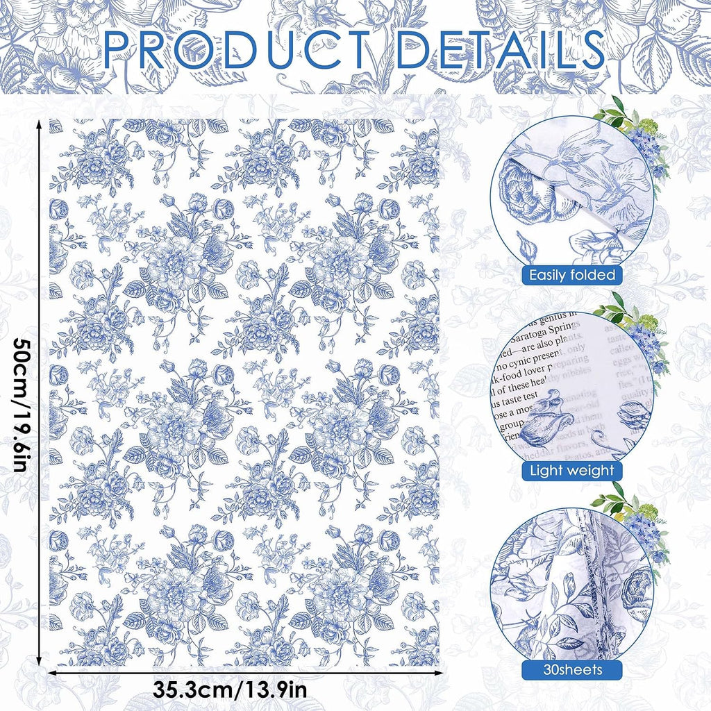 Floral Tissue Paper Bulk, Vintage Blue & White Flower Tissue Paper for Gift Bags, Wrapping, Crafts, Decoupage Art