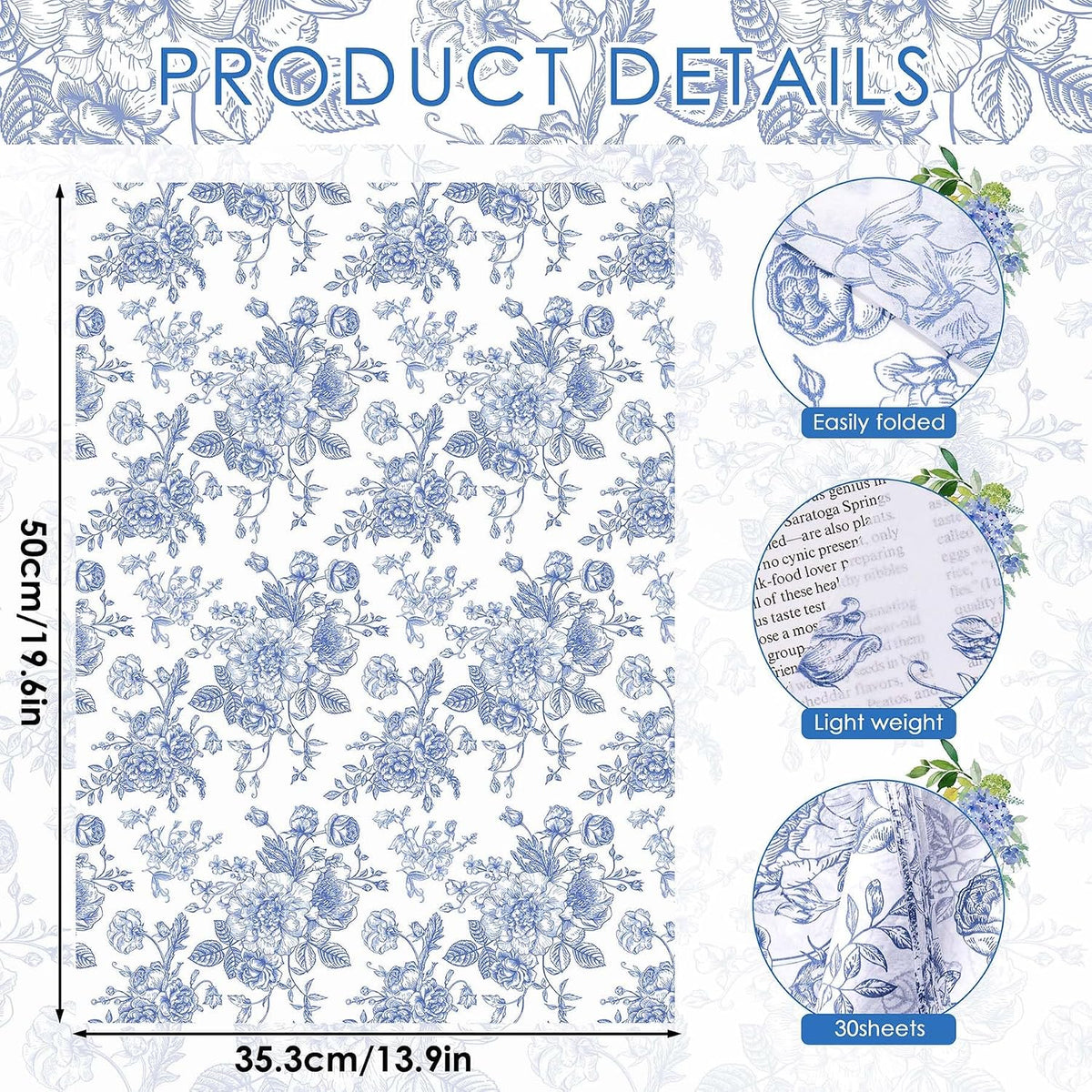 Floral Tissue Paper Bulk, Vintage Blue & White Flower Tissue Paper for Gift Bags, Wrapping, Crafts, Decoupage Art