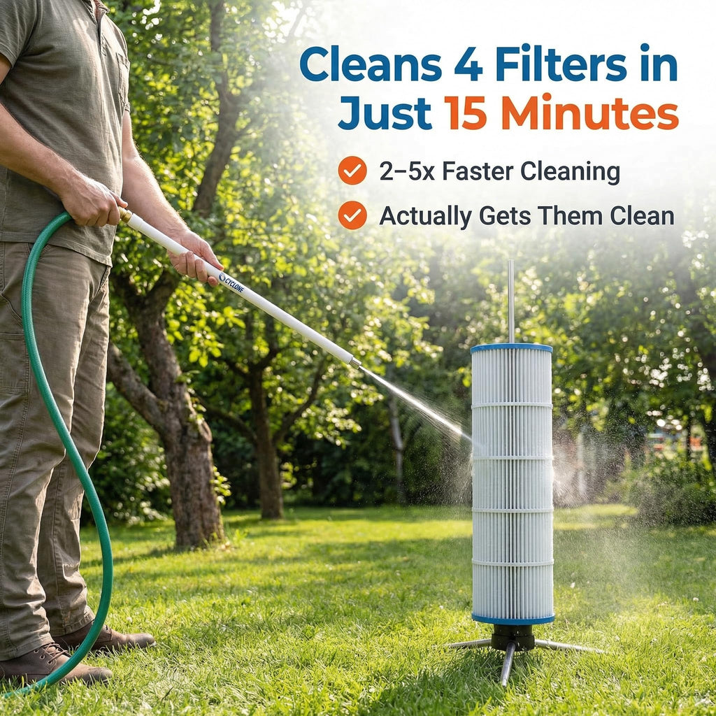 Cyclone Pool Filter Cleaner PRO | Spinning Stand, XL Wand + Pro Bag