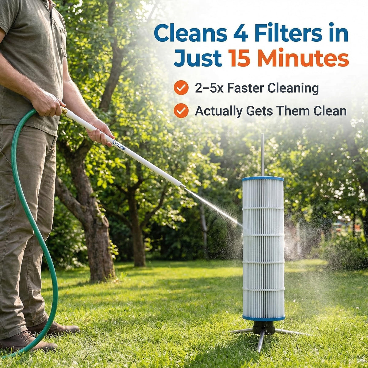 Cyclone Pool Filter Cleaner PRO | Spinning Stand, XL Wand + Pro Bag