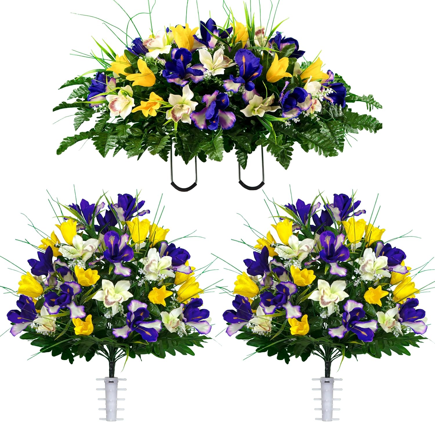 Artificial Cemetery Flowers - Grave Decoration - Yellow Tulips and Purple Iris (1) Headstone Saddle (2) Bouquets