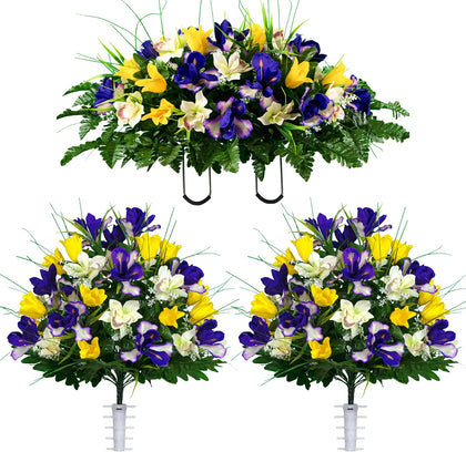 Artificial Cemetery Flowers - Grave Decoration - Yellow Tulips and Purple Iris (1) Headstone Saddle (2) Bouquets