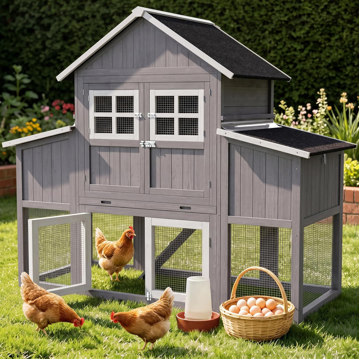 69.5" Large Chicken Coop with Run for 4-8 Chickens, Grey