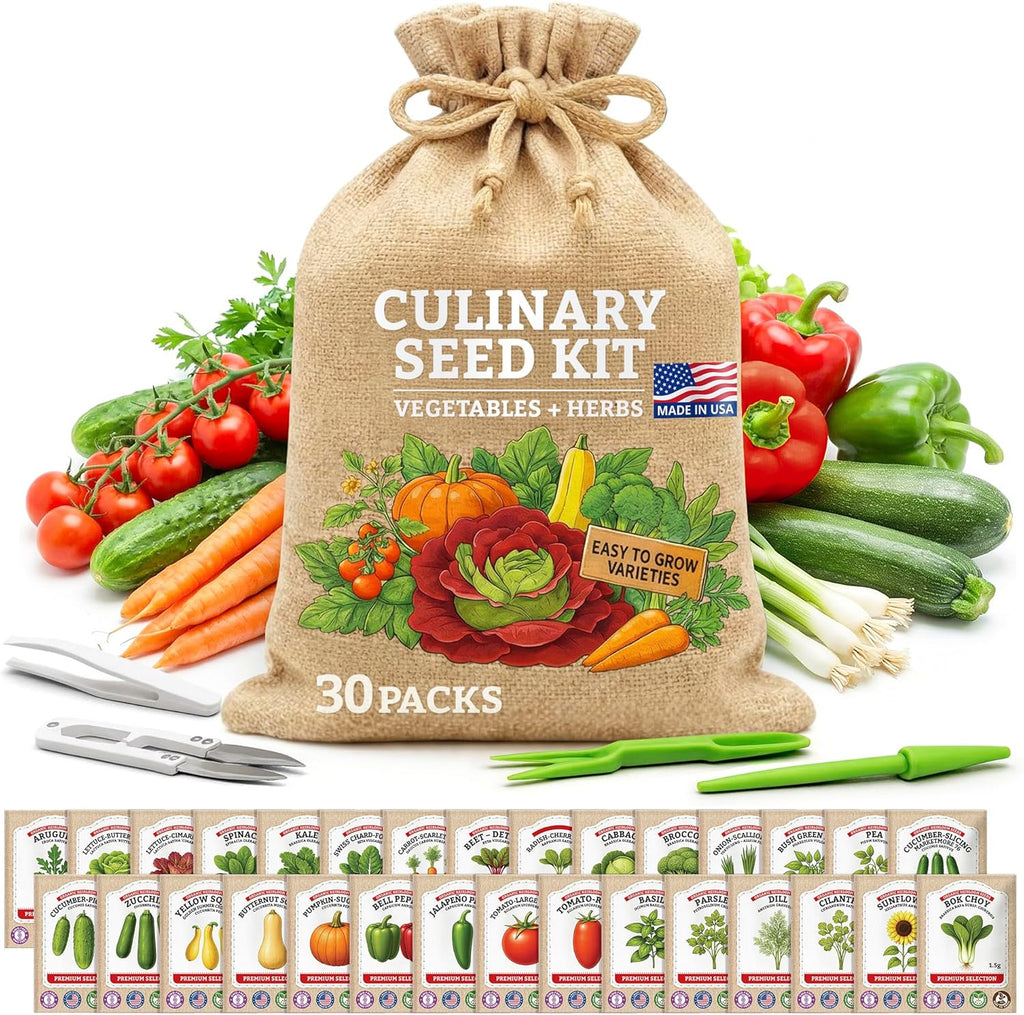 Culinary Vegetable & Herb Seeds Variety Pack - 30 Heirloom Non-GMO Garden Seeds for Planting, Seed Kit with Tools