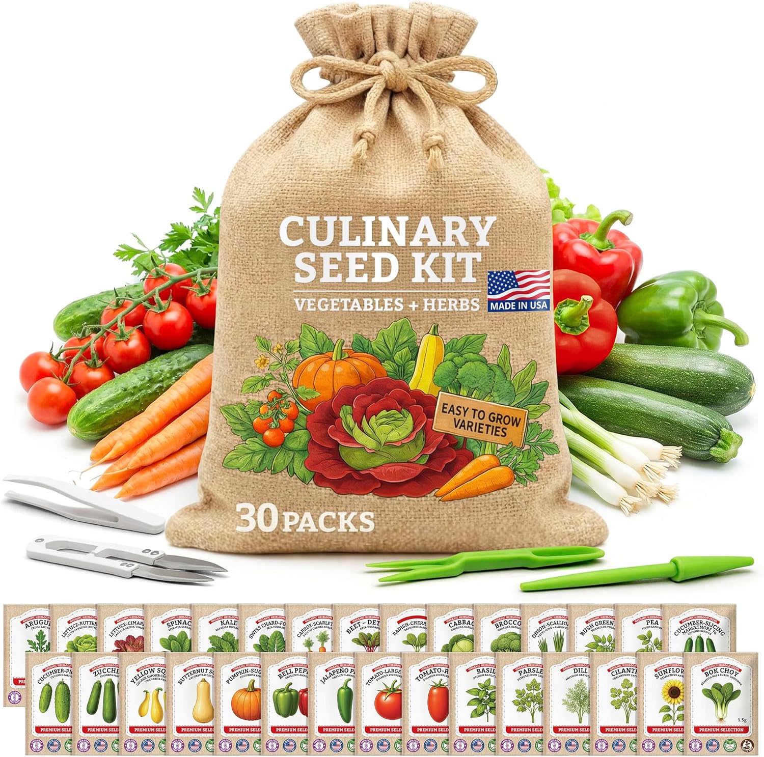 Culinary Vegetable & Herb Seeds Variety Pack - 30 Heirloom Non-GMO Garden Seeds for Planting, Seed Kit with Tools
