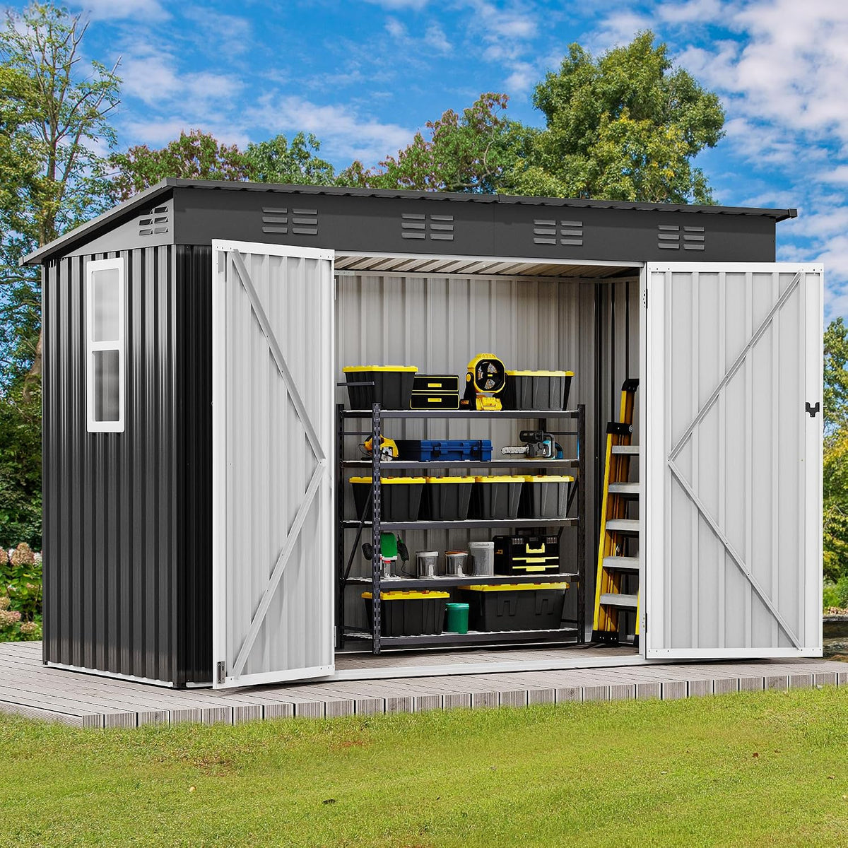 9' x 4' Outdoor Storage Shed with Windows, Lockable Double Doors, Sloped Roof, Heavy-Duty Steel Shed for Garden &