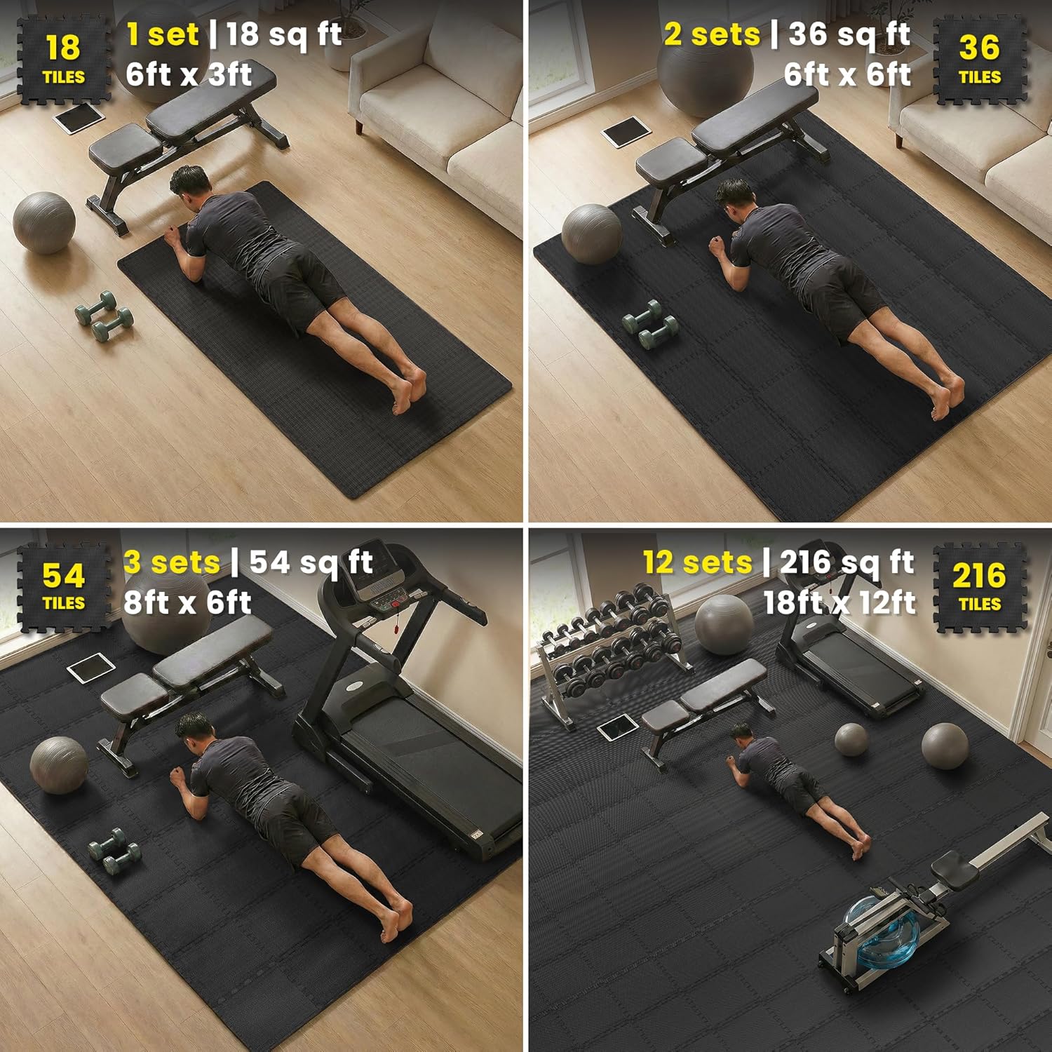 Gym Mats Set AntiSlipX - 18 pcs EVA Interlocking Foam Floor Tiles (12.6"x12.6"x0.4") 18sqft Protective Anti Slip Gym