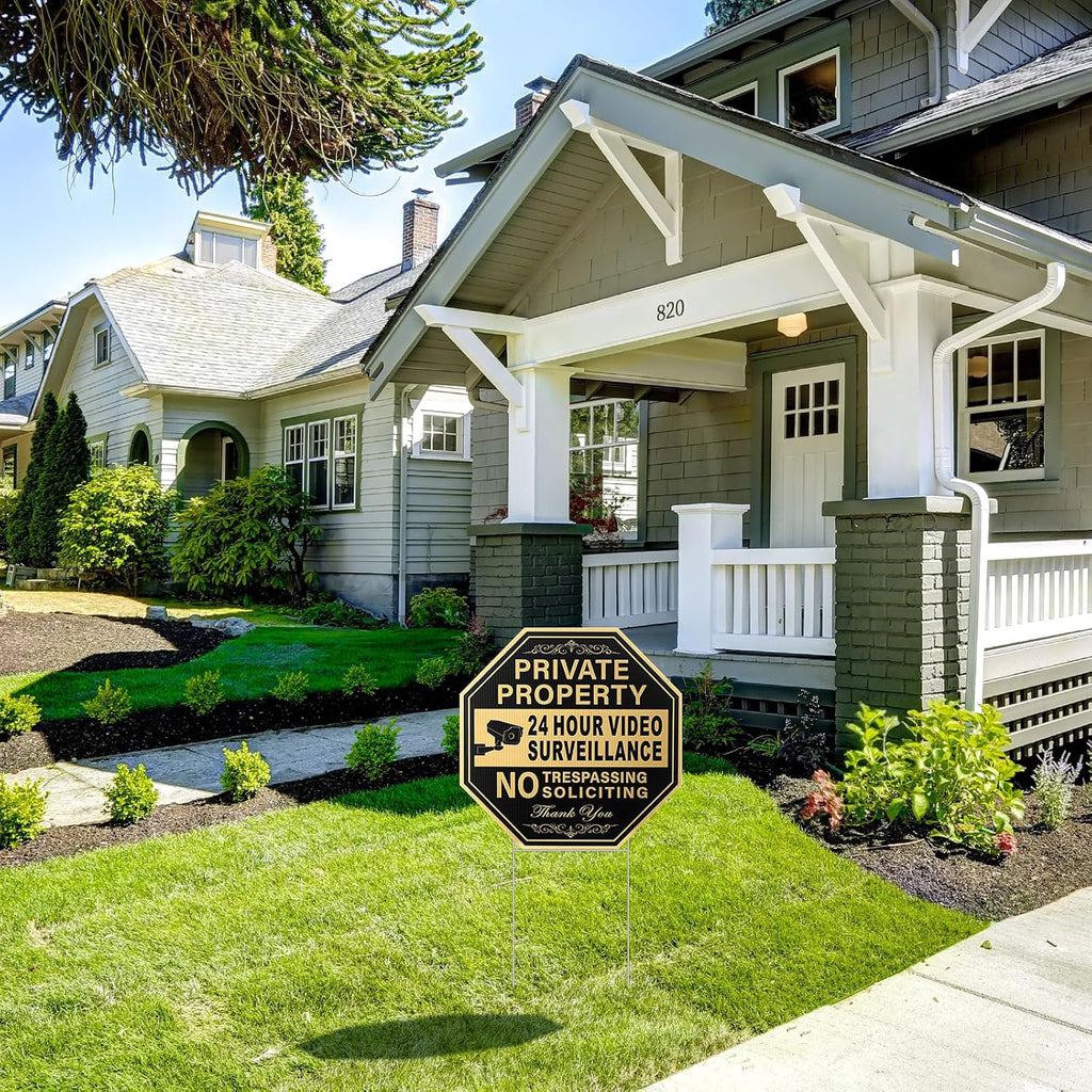 4 Pcs Private Property No Trespassing No Soliciting Yard Sign 12 x 12 Inches 24 Hours Video Surveillance Sign with