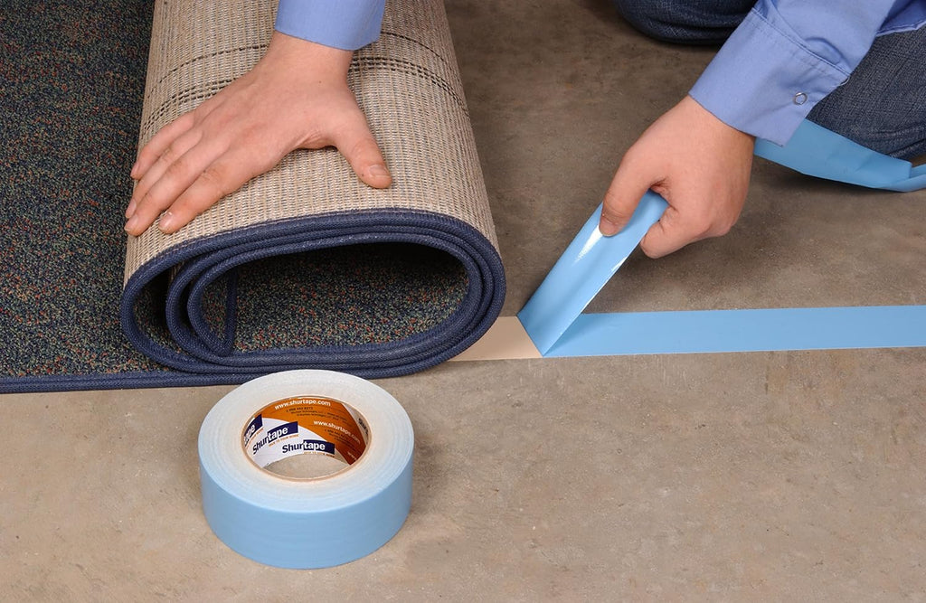 DF 545 Double-Sided Carpet and Duct Tape, Sticks to Hardwood, Concrete, Tile and More, Natural with Blue Liner, 48mm