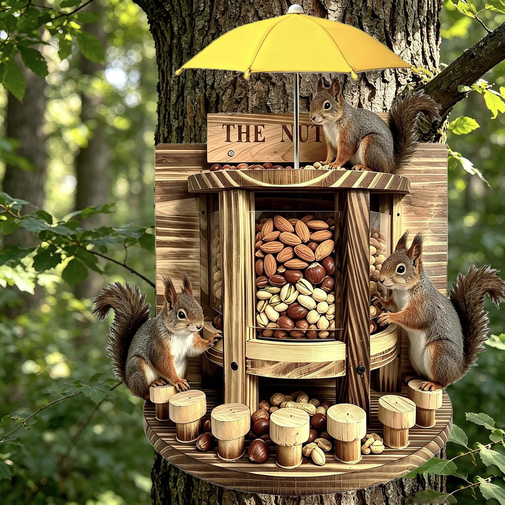 Wooden Squirrel Feeder 'The Nut Bar',Wall or Tree Mount, 13.3x12.6 Inch, Includes Mini Umbrella(Need to Punch Holes