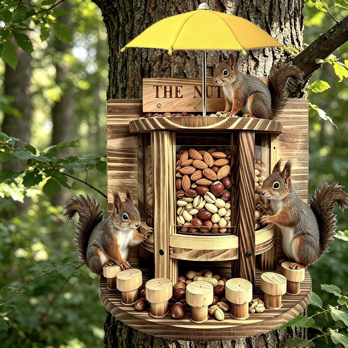 Wooden Squirrel Feeder 'The Nut Bar',Wall or Tree Mount, 13.3x12.6 Inch, Includes Mini Umbrella(Need to Punch Holes