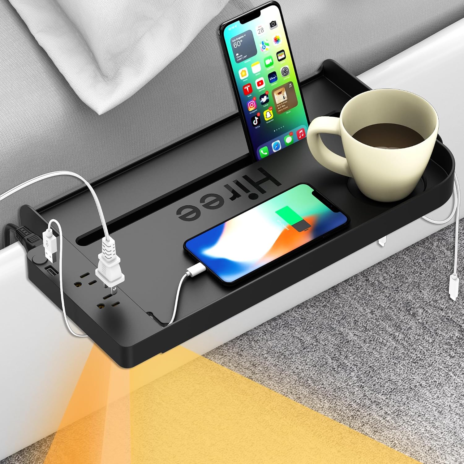 Bedside Shelf for Dorm Bunk Bed with USB Charging Port and 2 AC Outlets, Bedside Caddy, Attachable Bedside Table