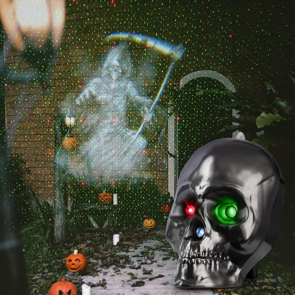 Halloween Projector Lights, Ghost Skeleton Halloween Laser Lights in Skull Shape, 5 Modes and Spooky Screams