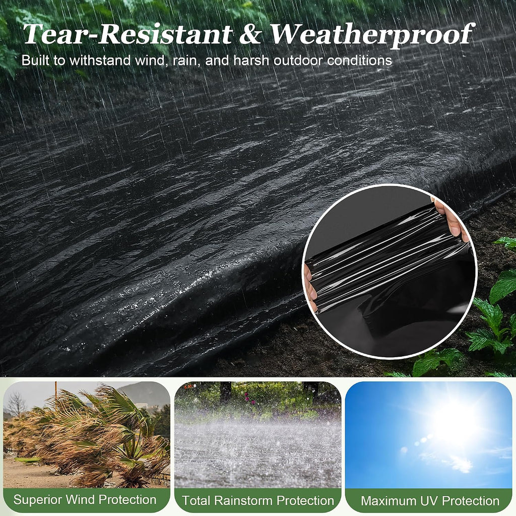 6 Mil Black Plastic Sheeting (10' x 50') - Heavy Duty, UV Resistant Polyethylene Sheeting Roll for Greenhouse, Vapor
