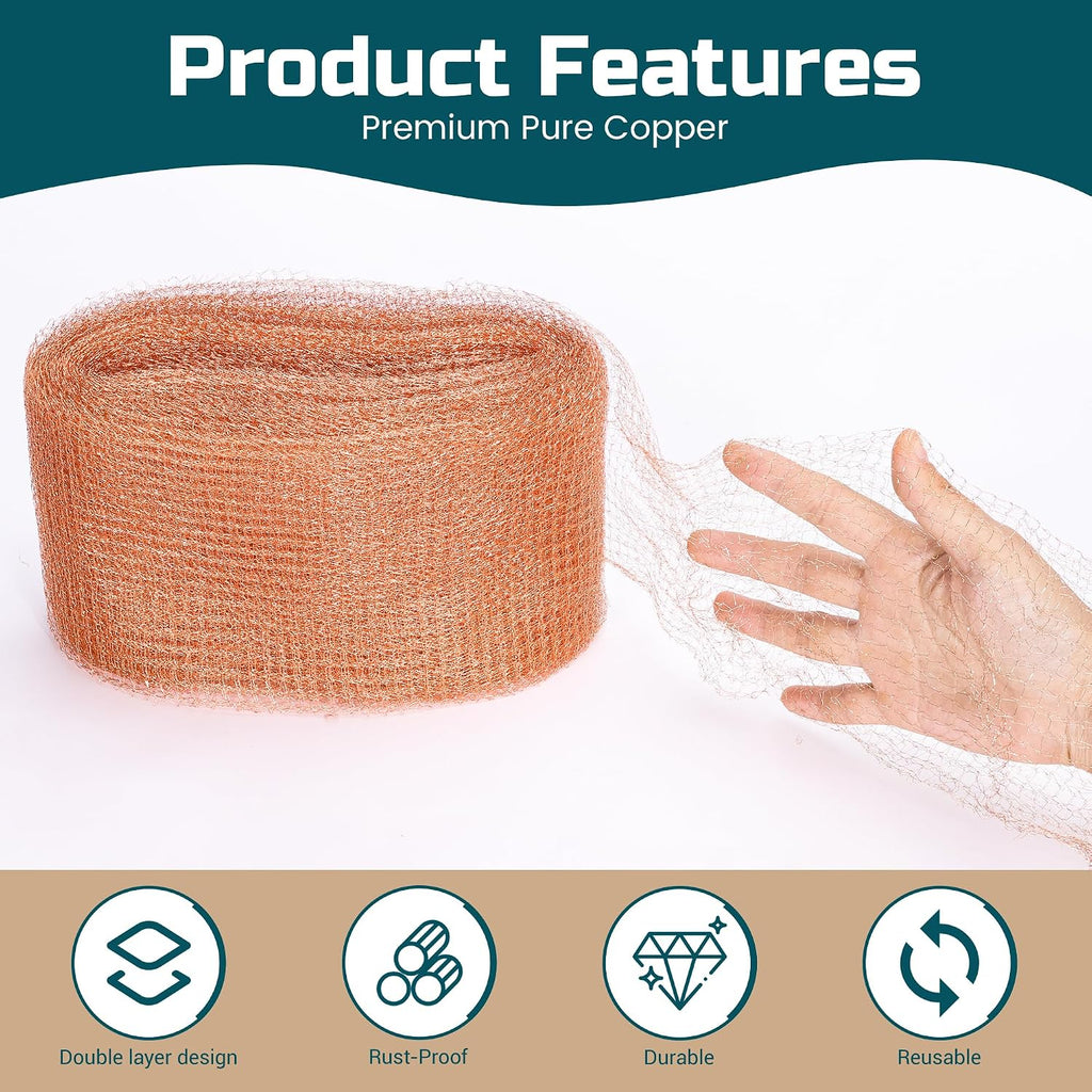 Copper Mesh Rodent Control Kit, 4in x 30ft Rustproof Pure Copper Mesh Roll | Ideal for Slug Snail Mice Control