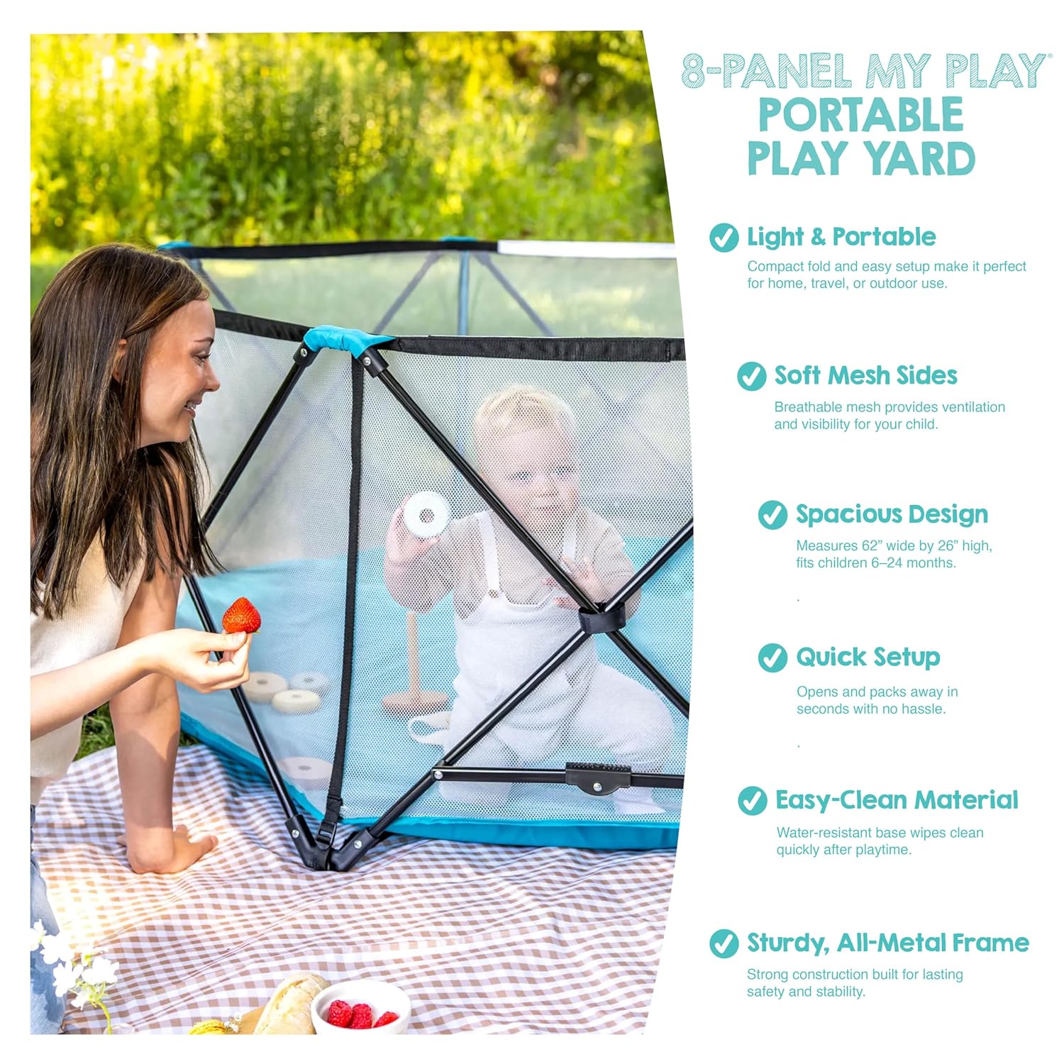 Safety My Play Deluxe Extra Large Baby Playpen & Portable Play Yard, Foldable 8-Panel Indoor Outdoor Playpen for